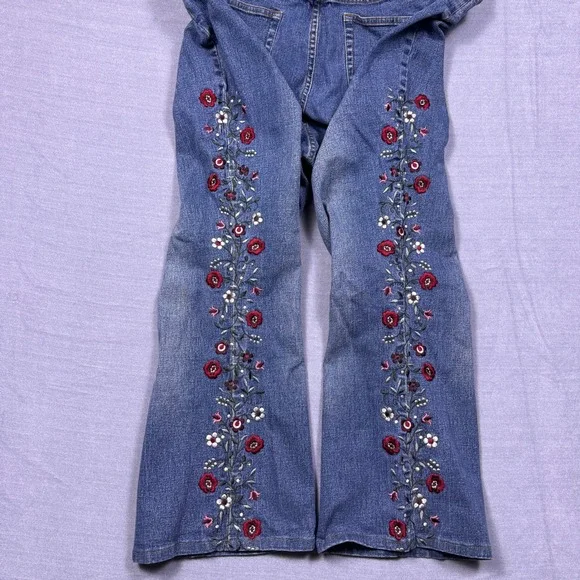 Route 66 Stretch Women's 18W Blue Denim Embroidered Floral Flare Jeans - Picture 5 of 12